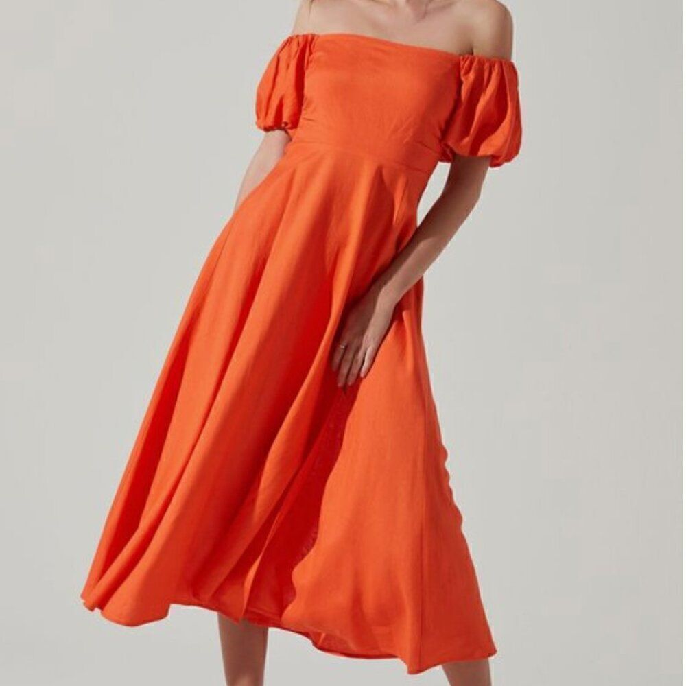 ASTR the Label Off Shoulder Puff Sleeve Midi Dress in Orange NWT Size xs